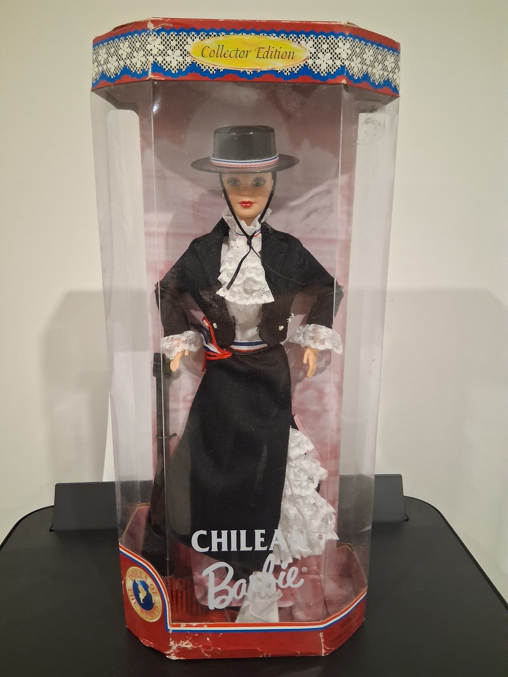 Barbie Traditional Chilean Hat and Outfit in Black, White with Red and Blue Trim
